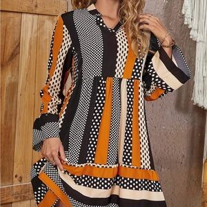 Boho Patchwork Swing Dress XXL | Black Rust Cream | Long Sleeve Tiered